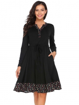 

Black Long Sleeve Drawstring Floral Patchwork Dress, Multicolor