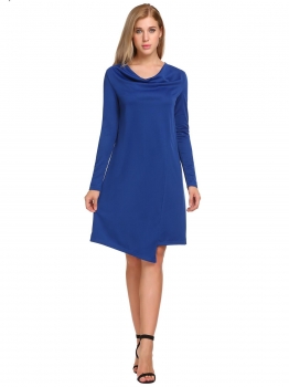 

Blue Cowl Neck Long Sleeve Asymmetrical Hem Solid Casual Loose Dress, Multicolor