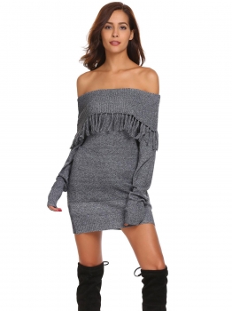 

Black Women Casual Slash Neck Long Sleeve Solid Fringe Warm Pullover Sweater, Multicolor