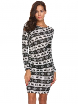 

Blue Christmas O Neck Long Sleeve Printed Slim Waist Bodycon Dress, Multicolor