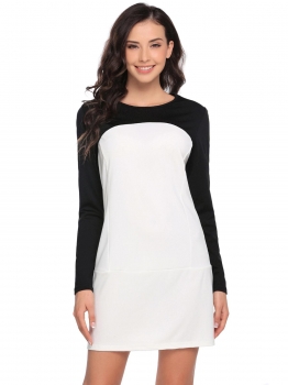 

Black white O-Neck Long Sleeve Patchwork Loose Dress, Multicolor