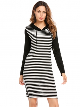 

Black Women Casual Drawstring Hooded Long Sleeve Striped Patchwork Hoodie Dress, Multicolor