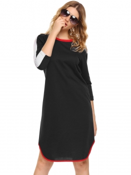 

Black Patchwork Loose Curved Hem O-Neck 3"4 Sleeve Shift Dress, Multicolor