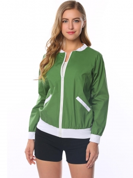 

Green Full Zip Patchwork Short Baseball Bomber Jacket with Pocket, Multicolor