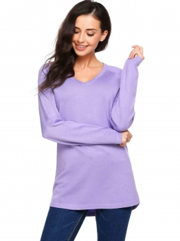 

Purple Long Sleeve V Neck Solid Knit Pullover Sweaters, Multicolor
