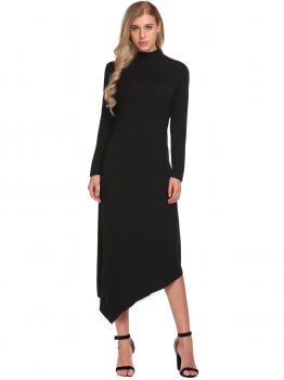

Black Turtleneck Long Sleeve Irregular Solid Dress, Multicolor