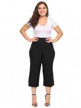 

Black Plus Size High Waist Solid Stretch Button Split Capri Pants, Multicolor