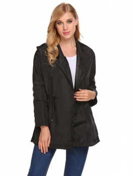 

Black Women Hooded Long Sleeve Drawstring Waist Solid Full Zipper Up Jacket Coat, Multicolor