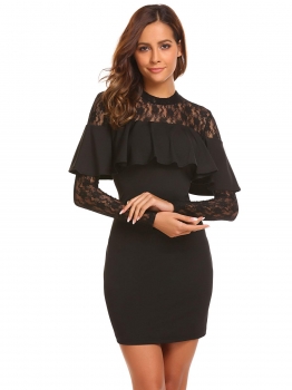 

Black Floral Lace Long Sleeve Ruffled Cocktail Bodycon Mini Dress, Multicolor