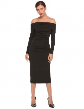 

Black Women Slash Neck Off the Shoulder Long Sleeve Bodycon Slim Solid Sexy Dress, Multicolor