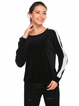 

Black Long Sleeve Contrast Color Patchwork Velvet Sweatshirts, Multicolor