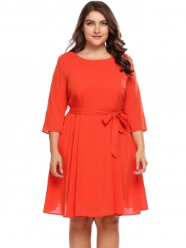 

Red Plus Size Chiffon 3"4 Sleeve Dress With Belt, Multicolor