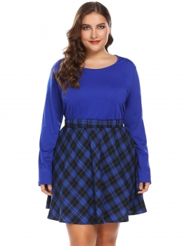 

Blue Plus Size Vintage Style Long Sleeve Plaid Patchwork Fit and Flare Swing Dress, Multicolor