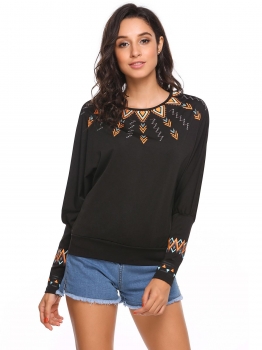 

Black Batwing Sleeve O-Neck Print Loose Pullover Sweatshirt, Multicolor