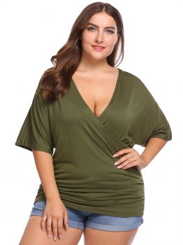 

Army green Solid Plus Size Cross V-Neck Half Sleeve Tops, Multicolor