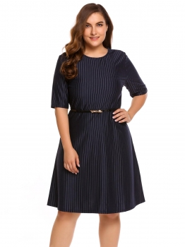 

Navy blue Plus Size O-Neck Half Sleeve Striped Dress with Belt, Multicolor