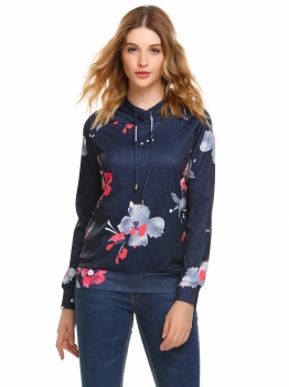 

Navy blue Hooded Long Sleeve Print Slim Pullover Hoodie, Multicolor