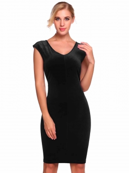 

Black Cap Sleeve Solid V Neck Lint Velvet Bodycon Dress, Multicolor