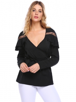 

Black Wrap V Neck Lace Patchwork Ruffles Long Sleeve Tops, Multicolor