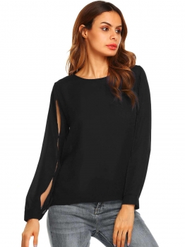 

Black O Neck Solid Loose Split Sleeve Chiffon Blouse, Multicolor