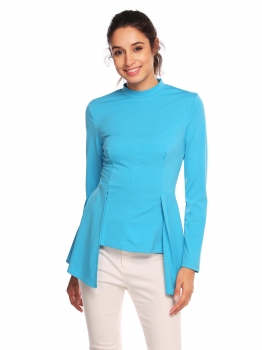

Blue Women Long Sleeve Mock Collar Tunic T-shirt Asymmetric Solid Slim Tops, Multicolor