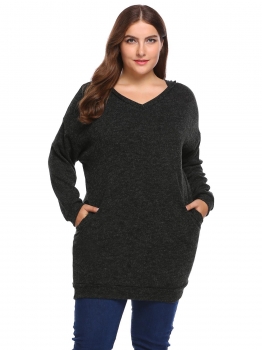 

Black V-Neck Casual Hooded Pullover Knit Pocket Plus Size Dress, Multicolor