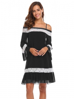 

Black Women Casual Slash Neck Off the Shoulder Flare Sleeve Lace Patchwork Sexy Dress, Multicolor