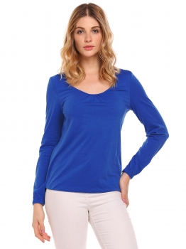 

Blue O-Neck Long Sleeve Solid Pleated T-Shirt, Multicolor