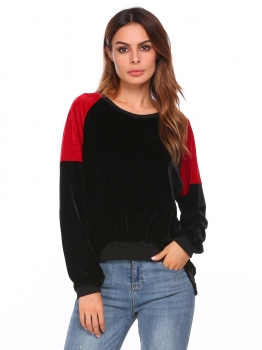 

Black O-Neck Long Sleeve Lint Patchwork Loose High Low Sweatshirt, Multicolor