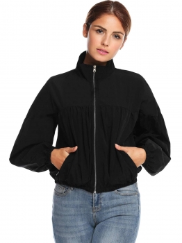 

Black Women Zipper High Neck Long Sleeve Solid Loose Fit Bomber Jacket, Multicolor