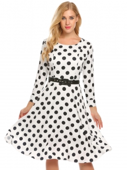 

White Casual O Neck 3"4 Sleeve Vintage Slim Waist Printed Pleated Dress With Belt, Multicolor