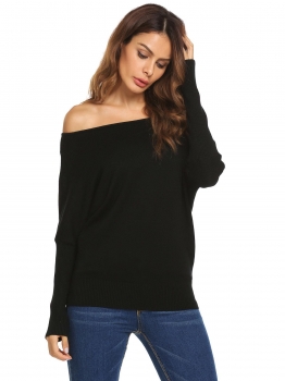 

Black Batwing Sleeve Solid Loose Pullover Thin Knit Sweater, Multicolor