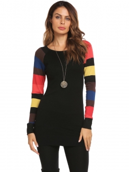 

Black Long Sleeve Contrast Color Patchwork Pullover Thin Knitted Sweater, Multicolor