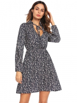 

Blue Women Self-tie Wrap V-Neck Long Sleeve Ruched Waist Floral Print Casual Dress, Multicolor