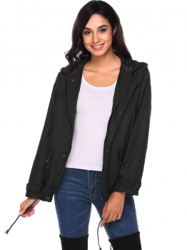 

Black Lightweight Zip Up Solid Hooded Outdoor Waterproof Coat, Multicolor