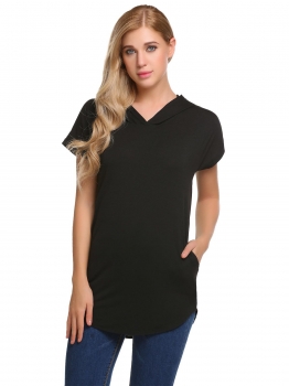 

Black Hooded Short Sleeve Solid Loose Round Hemline Hoodie, Multicolor