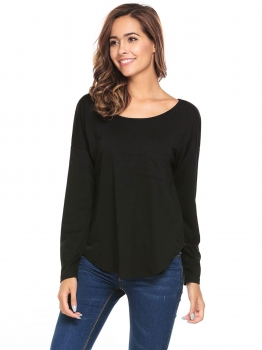 

Black Women O-Neck Long Sleeve Criss Cross Back Curved Hem Casual Loose Top T-Shirts, Multicolor