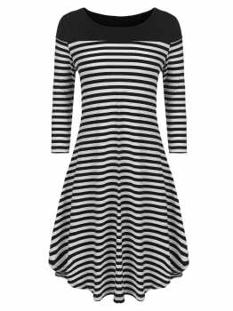 

Black Striped Patchwork 3"4 Sleeve Loose Fit Dress, Multicolor
