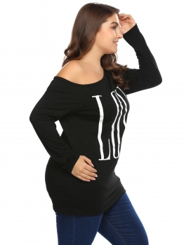 

Black One Shoulder Letter Print Tops Plus Size, Multicolor