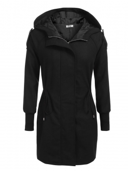 

Black Women Hooded Long Sleeve Slim Waist Drawstring Woolen Coat, Multicolor