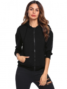 

Black Women Long Sleeve Drawstring Full-Zip Hoodie, Multicolor