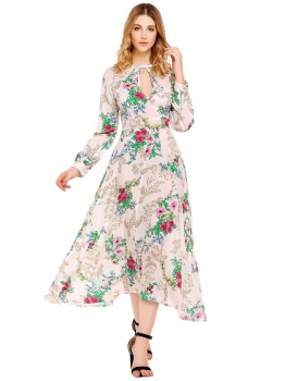 

White Long Sleeve Hollow Floral Maxi Dress, Multicolor