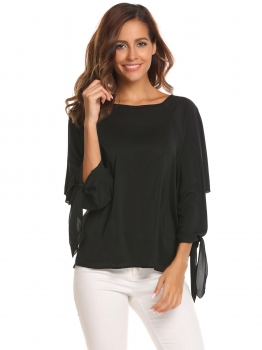 

Black Women Casual Round Neck Flare Sleeve Lace up Solid Top Blouse, Multicolor