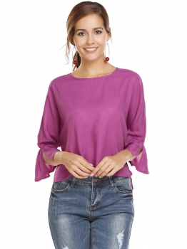 

Purple Solid O Neck 3"4 Flare Sleeve Loose Asymmetric Hem Tops, Multicolor