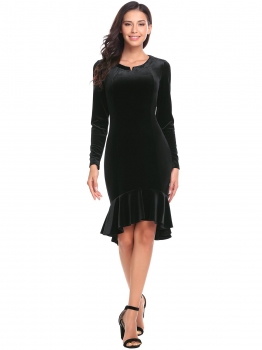 

Black Lint Long Sleeve V Neck Fishtail Fitted Cocktail Bodycon Dress, Multicolor