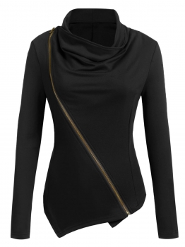 

Black Irregular Stand Collar Long Sleeve Front Zipper Solid Jacket, Multicolor