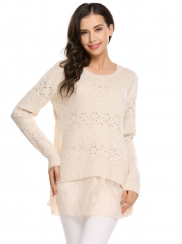 

Beige Long Sleeve O Neck Lace Patchwork Slim Crochet Tops, Multicolor