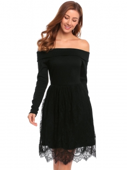 

Women Casual Slash Neck Off the Shoulder A-Line Pleated Patchwork Sexy Dress, Multicolor