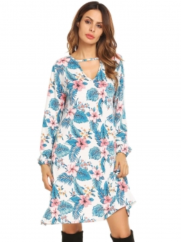 

White Long Sleeve Keyhole Floral Print Casual Dress, Multicolor