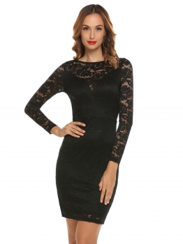 

Black Women Casual O-Neck Long Sleeve Lace Floral Package Hip Slim Sexy Dress, Multicolor